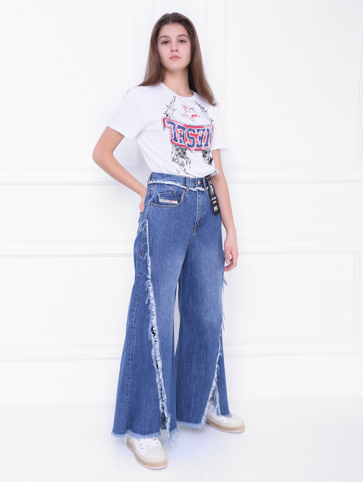 Широкие джинсы с разрезами Diesel – МодельОбщийВид – Цвет: Синий