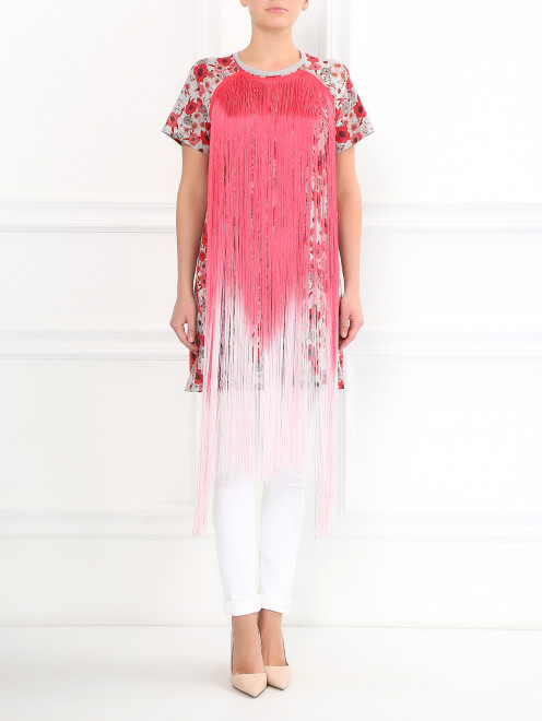 Платье с бахромой из хлопка с цветочным принтом  - Модель Общий вид