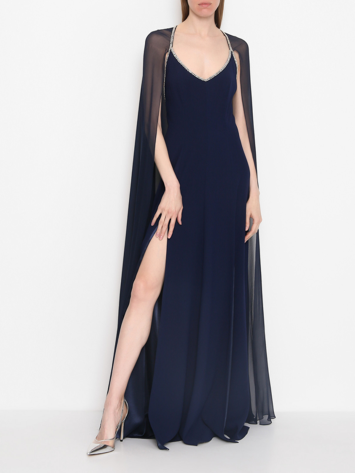 Платье-макси, декорированное кристаллами Jenny Packham  –  МодельОбщийВид  – Цвет:  Синий